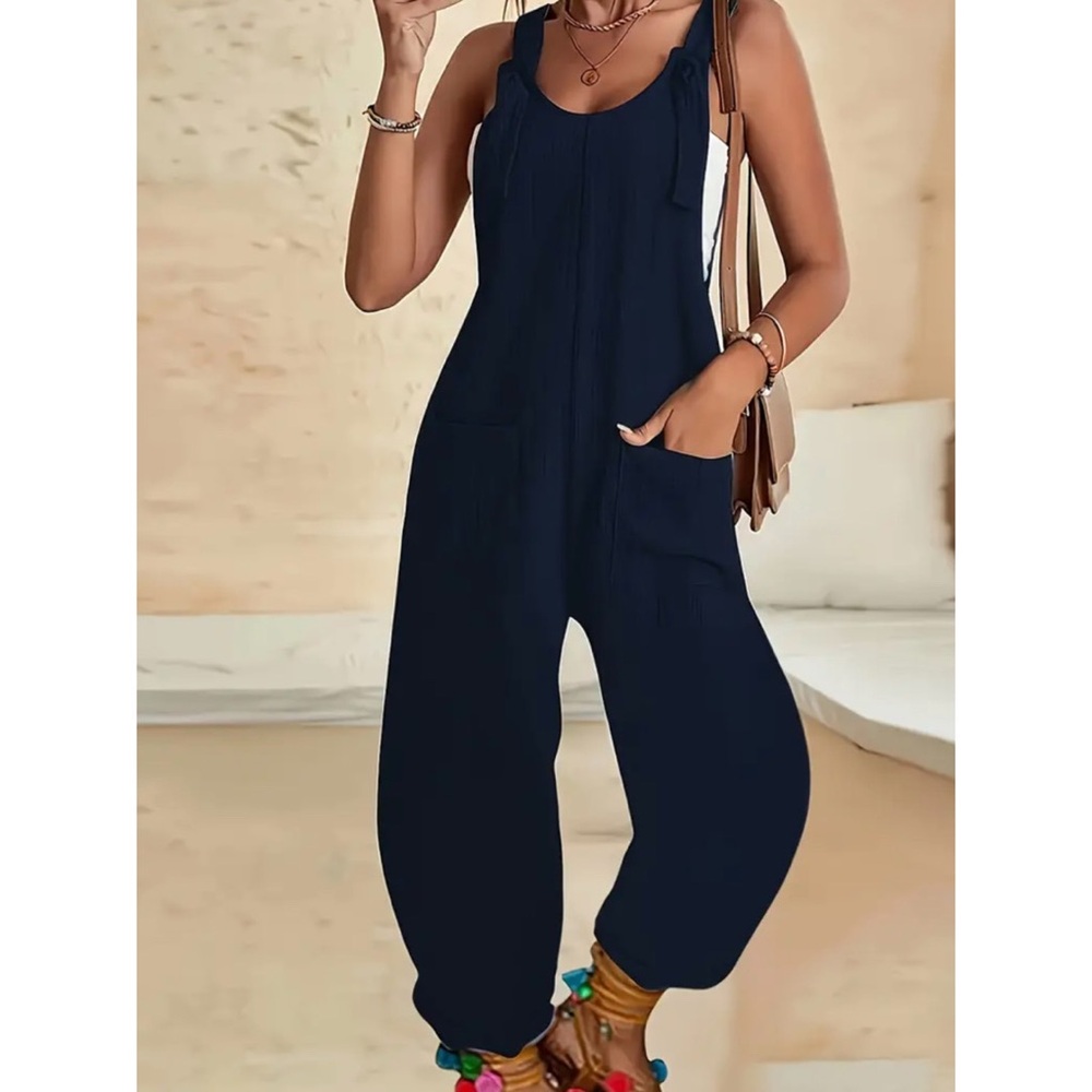 Strap Pants Pockets Romper Solid Color Loose Jumpsuit Wide Leg Shoulder Strap XL